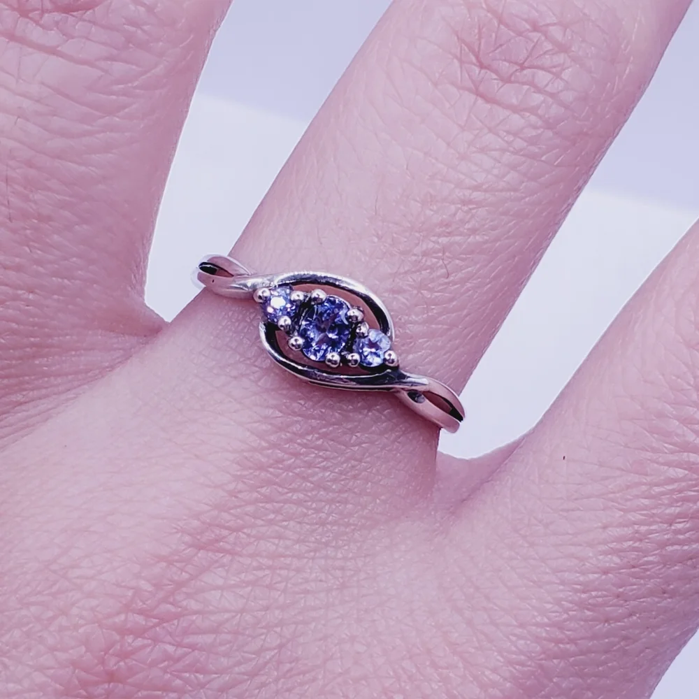 Genuine Oval & Round Tanzanite 925 Sterling Silver Three Stone Dainty Twist Ring